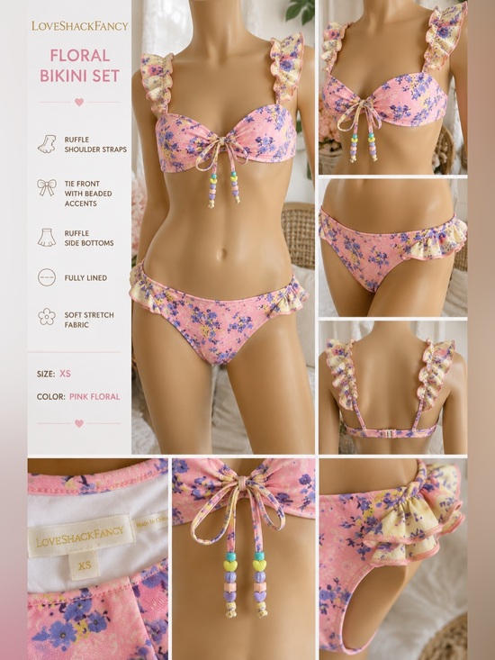 LoveShackFancy Other - LoveShackFancy XS Pink Floral Ruffle Bikini Set Beaded Tie Front Coquette